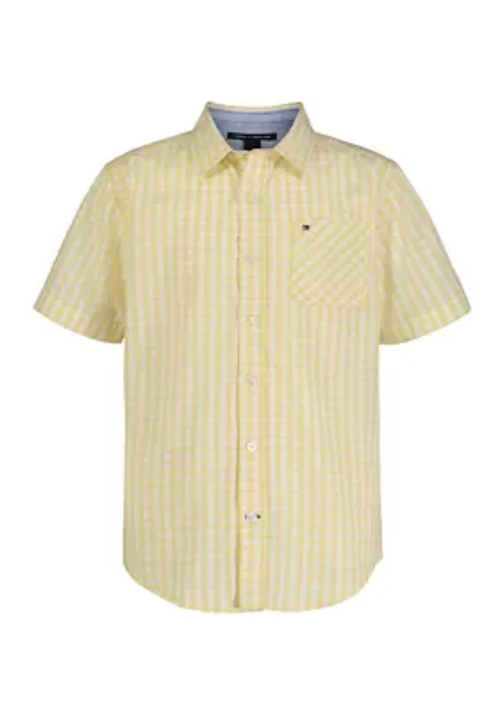 Boys 4-7 Woven Gingham Printed Button Down Shirt