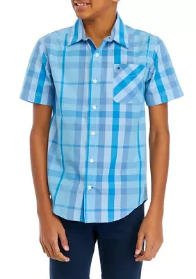 Boys 8-20 Woven Plaid Printed Button Down Shirt