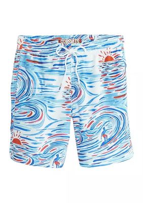 Boys 8-20 Bright Blue Watercolor Waves Swim Trunks