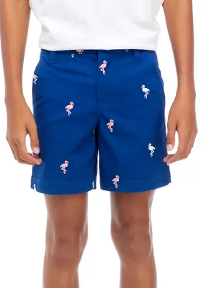 Boys 8-20 Embroidered Twill Flat Front Shorts