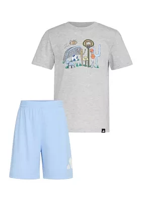 Boys 4-7 Two Piece Short Sleeve Cotton Heather T-Shirt & Elastic Waistband Logo Shorts Set