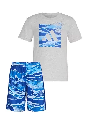 Boys 4-7 Two Piece Short Sleeve Cotton Heather T-Shirt & Elastic Waistband Printed Shorts Set