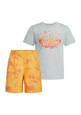 Boys 4-7 Two Piece Short Sleeve Cotton Heather T-Shirt Printed Woven Shorts Set