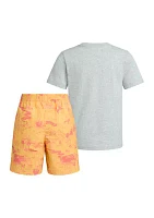 Boys 4-7 Two Piece Short Sleeve Cotton Heather T-Shirt Printed Woven Shorts Set