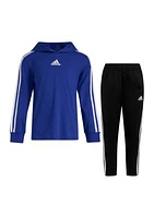 Boys 4-7 Two Piece Three Stripe Hooded T-Shirt and Pants Set