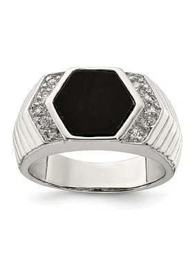 Men's Sterling Silver Cubic Zirconia and Onyx Ring