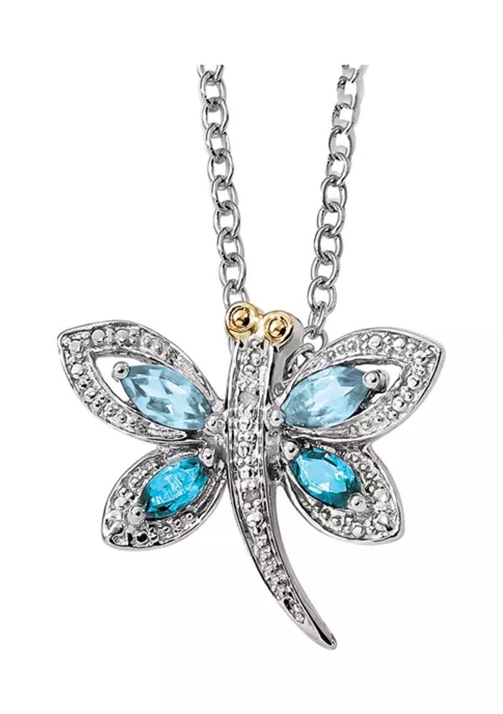 Belk 1/2 ct. . Light Blue Topaz, London Blue Topaz and 1/10 ct. .  Diamond Dragonfly 17-Inch Necklace in Sterling Silver and 14K Gold Accent |  The Summit