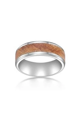 Stainless Steel Ring With Whisky Barrel Wood Inlay And Clear Resin