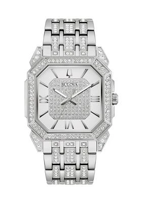 Men's Crystal Octava Silvertone Stainless Steel Bracelet Watch, 40 Millimeter