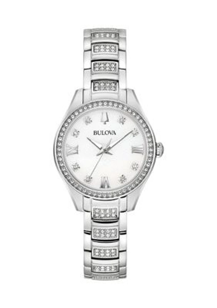 Women's Crystal Silver Tone Stainless Steel Bracelet Watch with 28.5 Millimeter Case