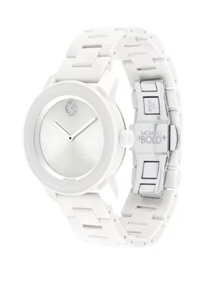 Bold White Ceramic and Stainless Steel Bracelet Watch