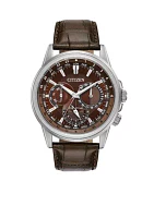 Stainless Steel Eco-Drive Calendrier Brown Leather Strap Watch