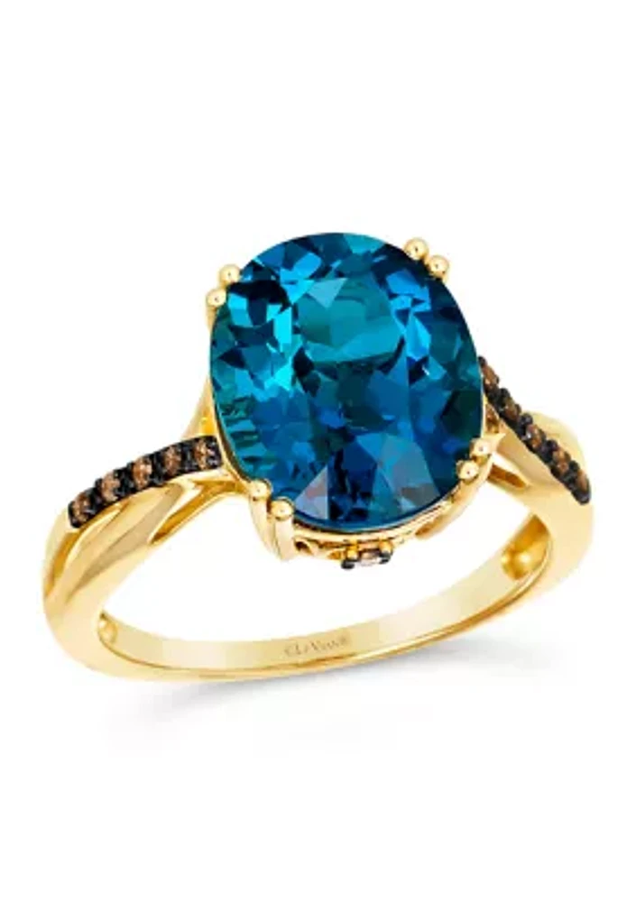 5 ct. t.w. Deep Sea Blue Topaz™, Nude Diamonds™, 1/20 ct. t.w. Chocolate Diamonds® Ring in 14K Honey Gold™