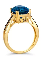 5 ct. t.w. Deep Sea Blue Topaz™, Nude Diamonds™, 1/20 ct. t.w. Chocolate Diamonds® Ring in 14K Honey Gold™