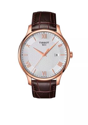 Men's Tradition Quartz Rose Gold Tone Dial Brown Leather Watch