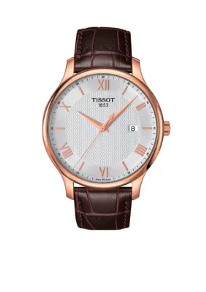 Men's Tradition Quartz Rose Gold Tone Dial Brown Leather Watch