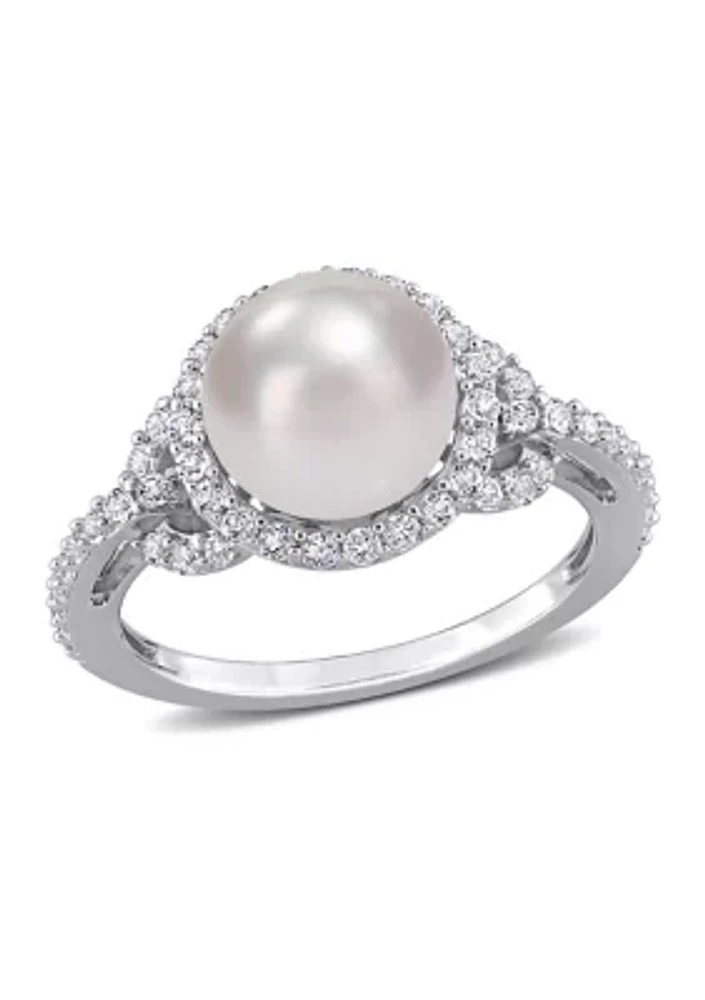 8.5-9mm Cultured Freshwater Pearl and 3/4 CT TGW White Topaz Halo Ring Sterling Silver