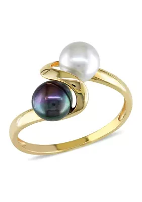 White and Black Cultured Freshwater Pearl Ring 10k Yellow Gold