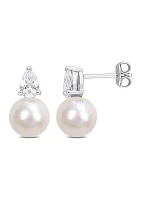 Lab Created 8.5-9mm White Freshwater Cultured Pearl and 1 1/3 CT TGW Created White Sapphire Stud Earrings in Sterling Silver