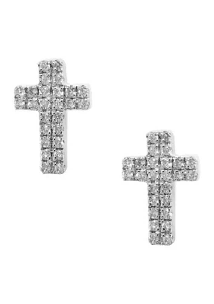 Sterling Silver Cross Pavé Diamond Earrings