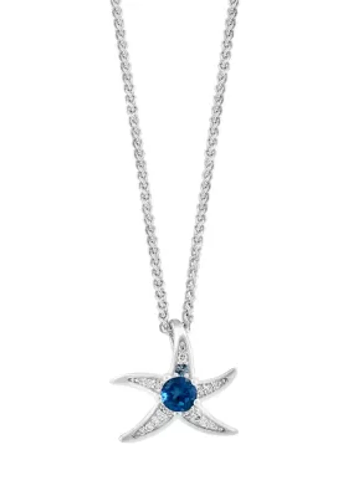 Diamond and Blue Topaz Starfish Pendant Necklace in Sterling Silver