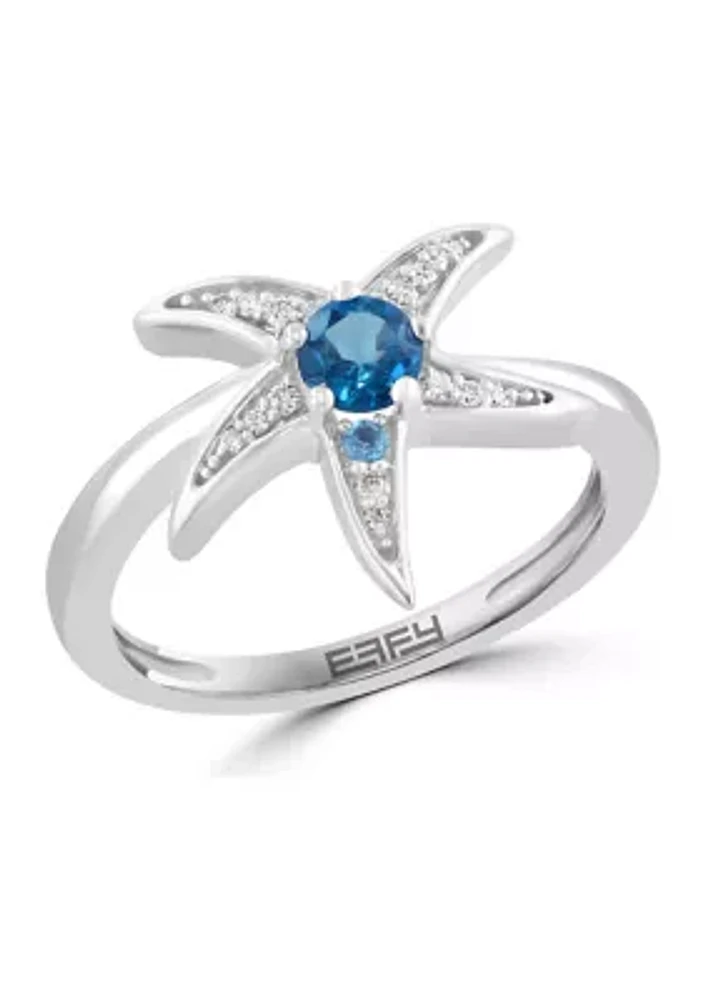 Diamond and Blue Topaz Starfish Ring in Sterling Silver