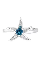 Diamond and Blue Topaz Starfish Ring in Sterling Silver