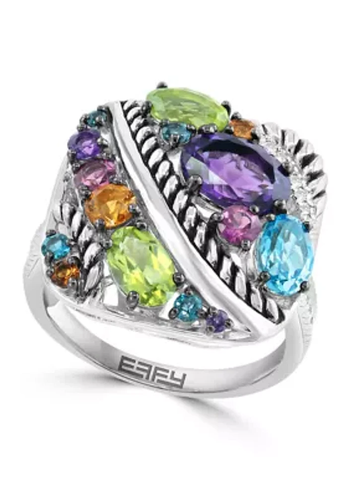 Diamond, Amethyst, Blue Topaz, Citrine, Rhodolite and Peridot Ring in Sterling Silver