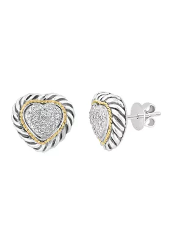 Diamond Heart Stud Earrings in Sterling Silver and 18K Yellow Gold