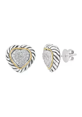 Diamond Heart Stud Earrings in Sterling Silver and 18K Yellow Gold