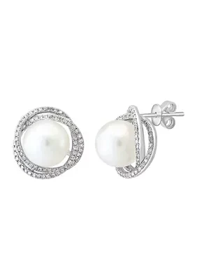 Diamond and Freshwater Pearl Earrings in 14K White Gold