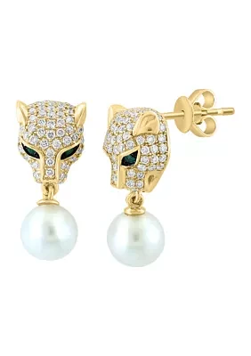 14K Yellow Gold Diamond Emerald Freshwater Pearl Earrings 