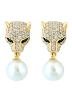 14K Yellow Gold Diamond Emerald Freshwater Pearl Earrings 