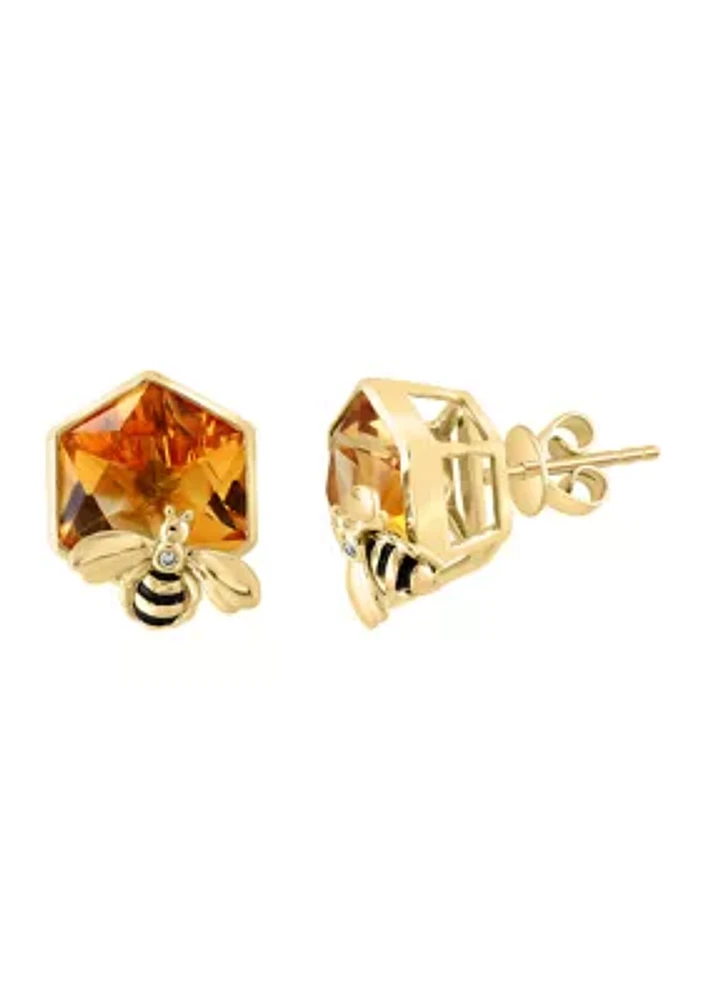 Diamond Citrine Bee Button Earrings In 14K Yellow Gold 