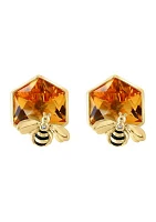 Diamond Citrine Bee Button Earrings In 14K Yellow Gold 