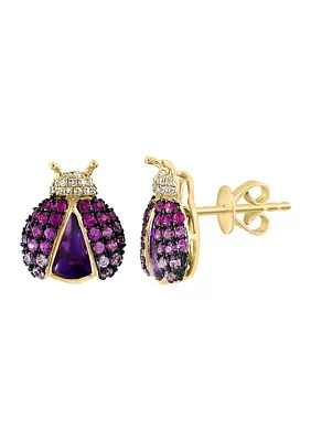 Diamond, Amethyst, and Pink Sapphire Ladybug Stud Earrings in 14K Yellow Gold