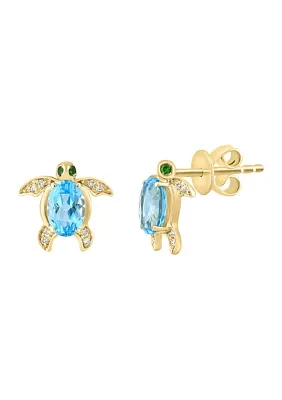 Diamond Blue Topaz and Tsavorite Turtle Button Earrings In 14K Yellow Gold