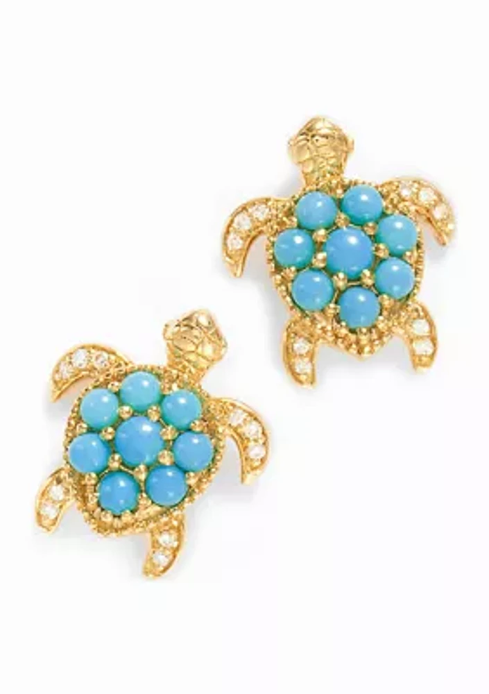 Diamond, Turquoise Turtle Stud Earrings in  14k Yellow Gold