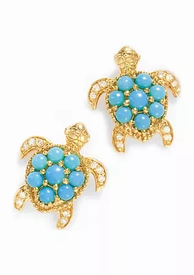 Diamond, Turquoise Turtle Stud Earrings in  14k Yellow Gold