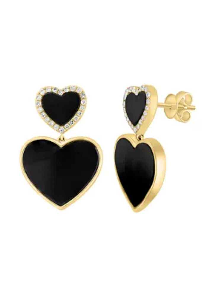 Diamond and Onyx Heart Earrings in 14K Yellow Gold