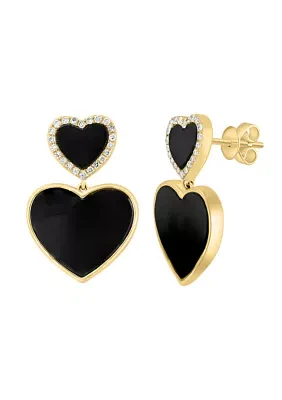 Diamond and Onyx Heart Earrings in 14K Yellow Gold