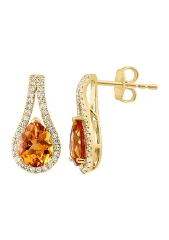 Diamond and Citrine Drop Earrings in 14K Yellow Gold