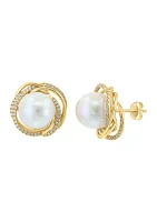 Diamond and Freshwater Pearl Stud Earrings in 14K Yellow Gold