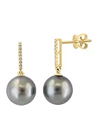 Diamond and Black Tahitian Pearl Earrings in 14K Yellow Gold