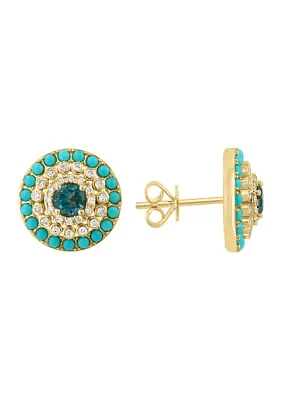 1/4 ct. t.w. London Blue Topaz, 3/4 ct. t.w. Turquoise, 1 ct. t.w. Diamond Earrings in 14K Yellow Gold