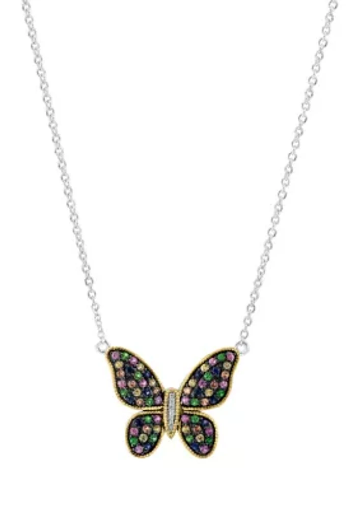 Diamond, Multi Sapphire, Tsavorite Butterfly Necklace in 14K Yellow Gold