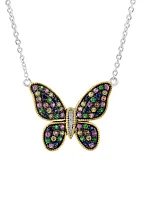 Diamond, Multi Sapphire, Tsavorite Butterfly Necklace in 14K Yellow Gold