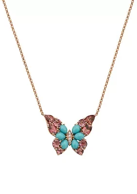 Diamond, Pink Tourmaline and Turquoise Butterfly Necklace in 14K Rose Gold