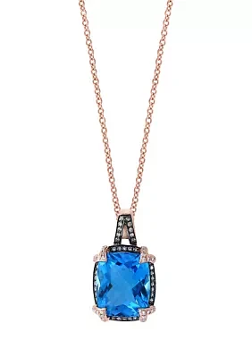 14K Rose Gold Blue Topaz Brown Diamond Pendant Necklace 