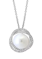 Diamond and Freshwater Pearl Pendant Necklace in 14K White Gold